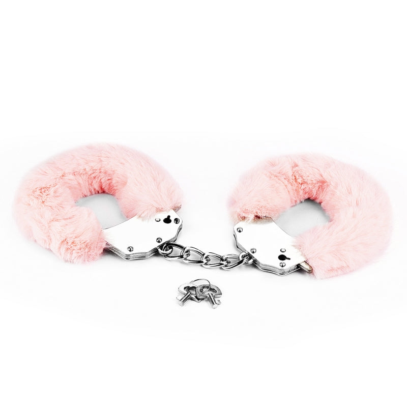 Металлические розовые наручники с мехом Fetish Pleasure Fluffy Handcuffs