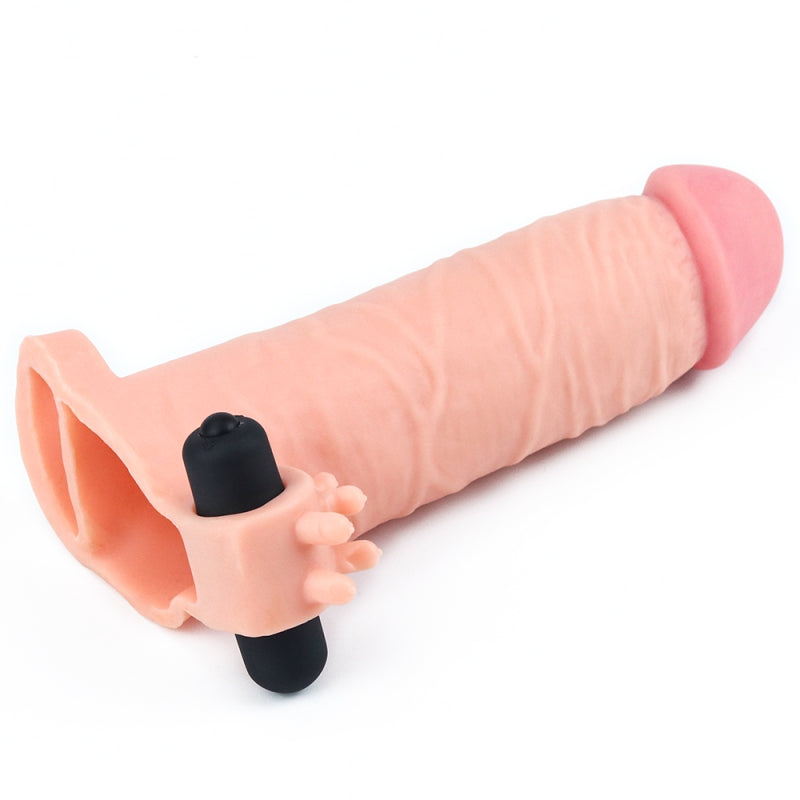 Удлиняющая вибронасадка на пенис Pleasure X Tender Vibrating Penis Sleeve Flesh