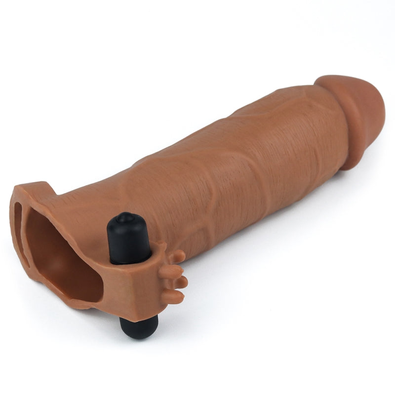 Удлиняющая вибро насадка на пенис коричневая Pleasure X Tender Vibrating Penis Sleeve