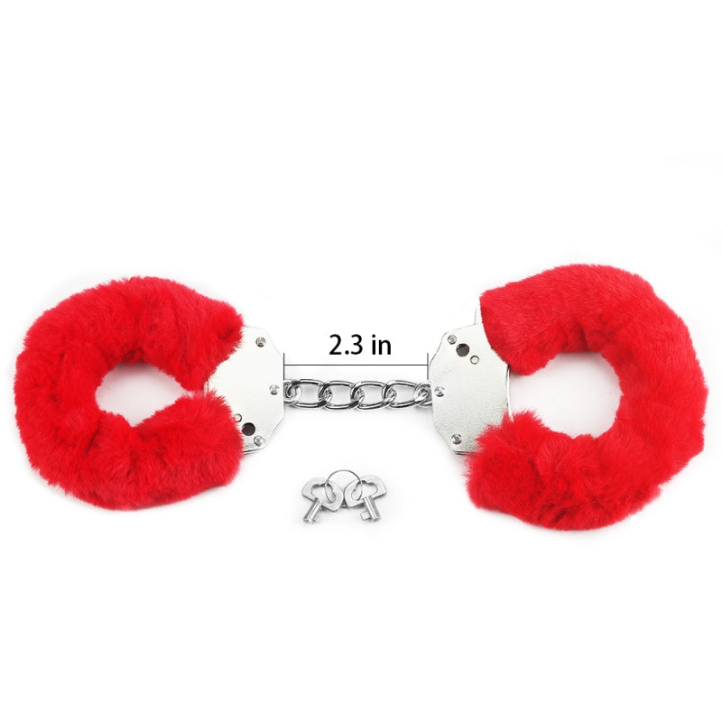 Металлические красные наручники с мехом Fetish Pleasure Fluffy Handcuffs