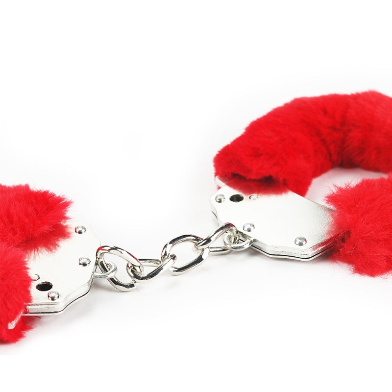 Металлические красные наручники с мехом Fetish Pleasure Fluffy Handcuffs