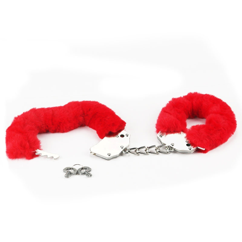 Металлические красные наручники с мехом Fetish Pleasure Fluffy Handcuffs