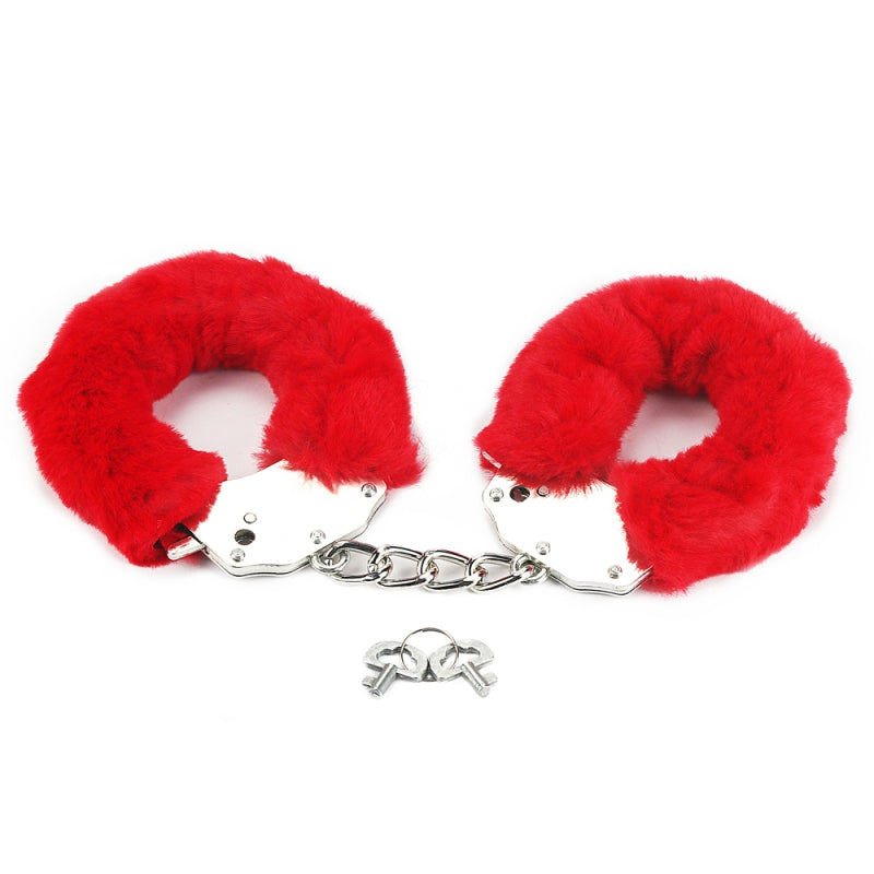 Металлические красные наручники с мехом Fetish Pleasure Fluffy Handcuffs