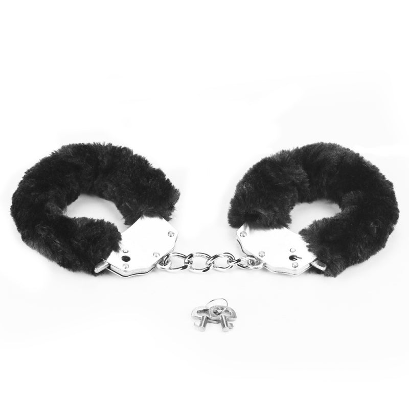Металлические черные наручники с мехом Fetish Pleasure Fluffy Handcuffs