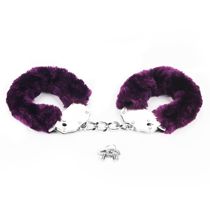 Металлические фиолетовые наручники с мехом Fetish Pleasure Fluffy Handcuffs