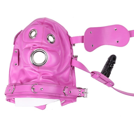 Закрытая розовая бдсм маска с кляпом Leather Hood Full Mask Eyes