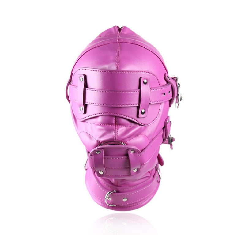 Закрытая розовая бдсм маска с кляпом Leather Hood Full Mask Eyes