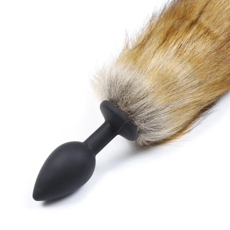 Черная силиконовая анальная пробка с длинным хвостом Silicone Butt Plug Fox Tail
