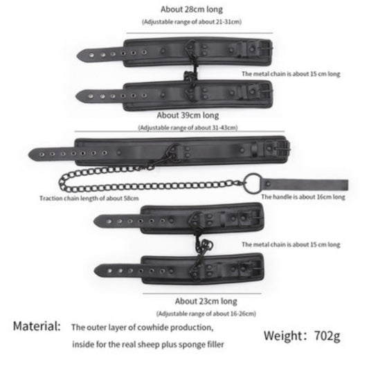 Бдсм комплект из ошеника наручников и наножников на черной цепи