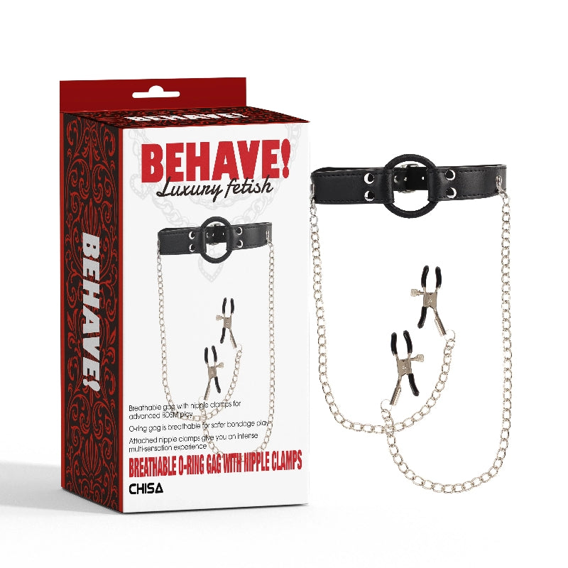 Кляп с зажимами для сосков Behave! Luxury Fetish Breathable O-ring Gag Nipple Clamps