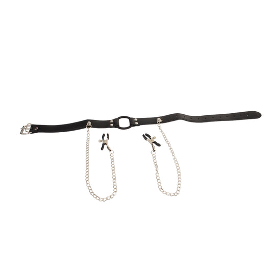 Кляп с зажимами для сосков Behave! Luxury Fetish Breathable O-ring Gag Nipple Clamps