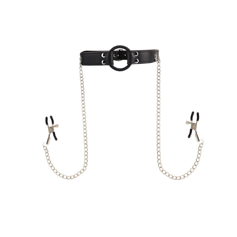 Кляп с зажимами для сосков Behave! Luxury Fetish Breathable O-ring Gag Nipple Clamps