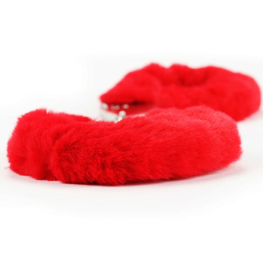 Металлические красные наручники с мехом Fetish Pleasure Fluffy Handcuffs