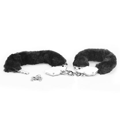 Металлические черные наручники с мехом Fetish Pleasure Fluffy Handcuffs
