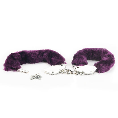 Металлические фиолетовые наручники с мехом Fetish Pleasure Fluffy Handcuffs