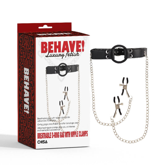 Кляп с зажимами для сосков Behave! Luxury Fetish Breathable O-ring Gag Nipple Clamps
