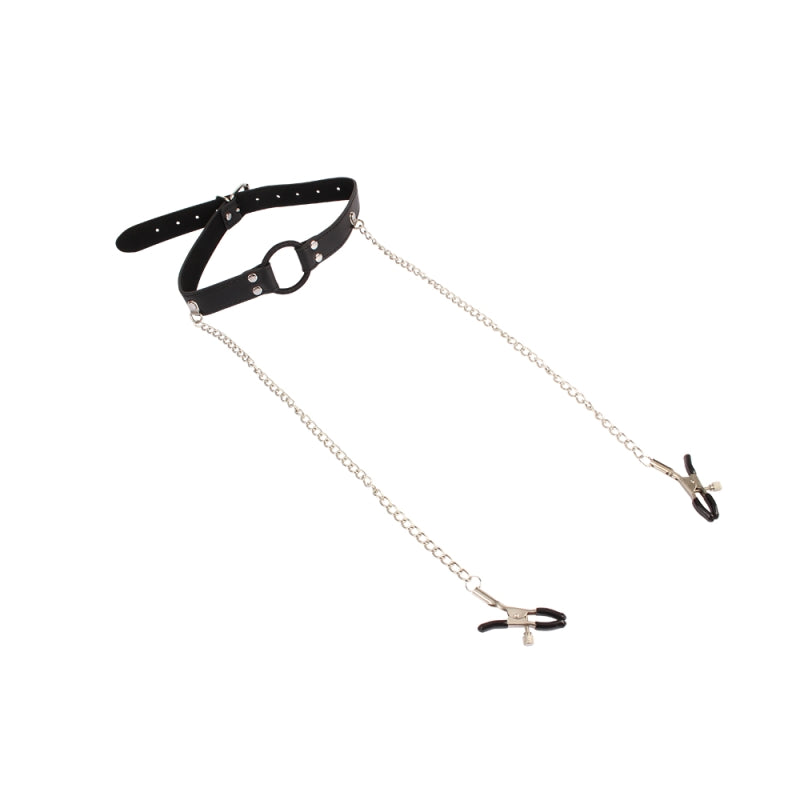 Кляп с зажимами для сосков Behave! Luxury Fetish Breathable O-ring Gag Nipple Clamps
