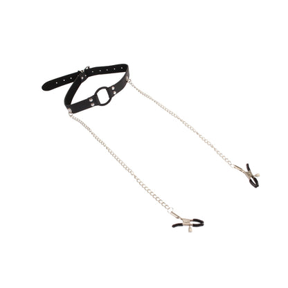 Кляп с зажимами для сосков Behave! Luxury Fetish Breathable O-ring Gag Nipple Clamps